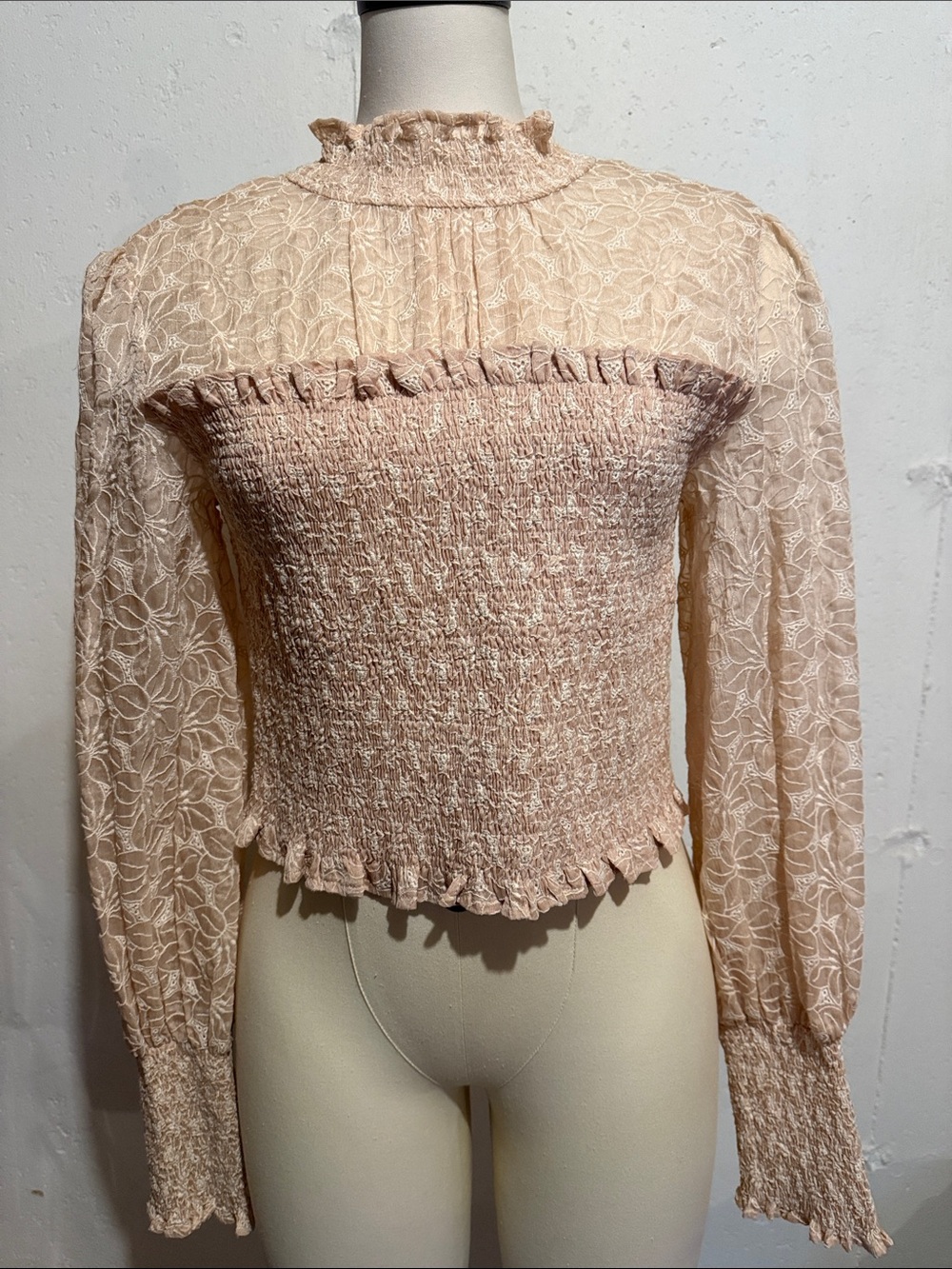 En Saison Blush Smocked Lace Mock Neck Top